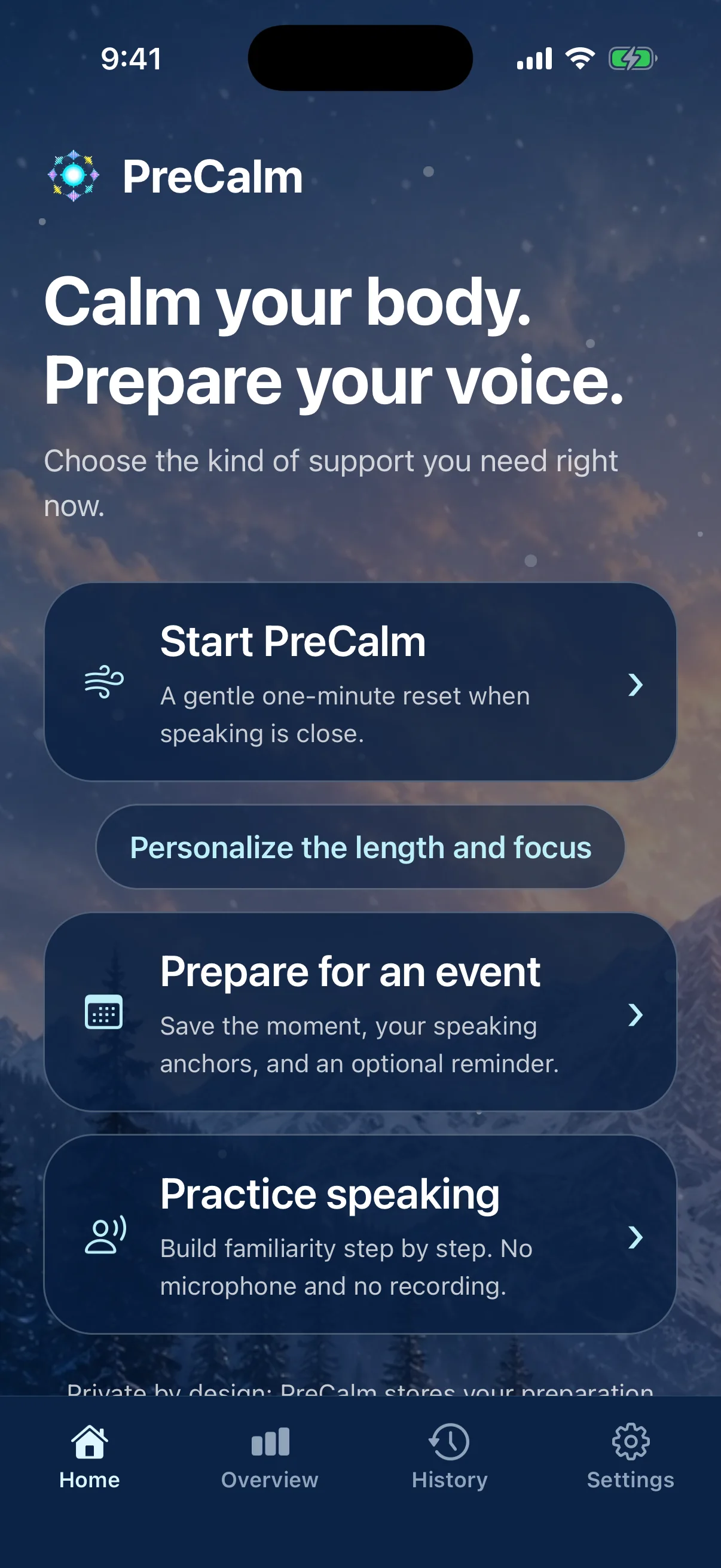 The real PreCalm Home screen in Snowfall with choices to start a quick routine, personalize preparation, prepare for an event, or practice speaking.