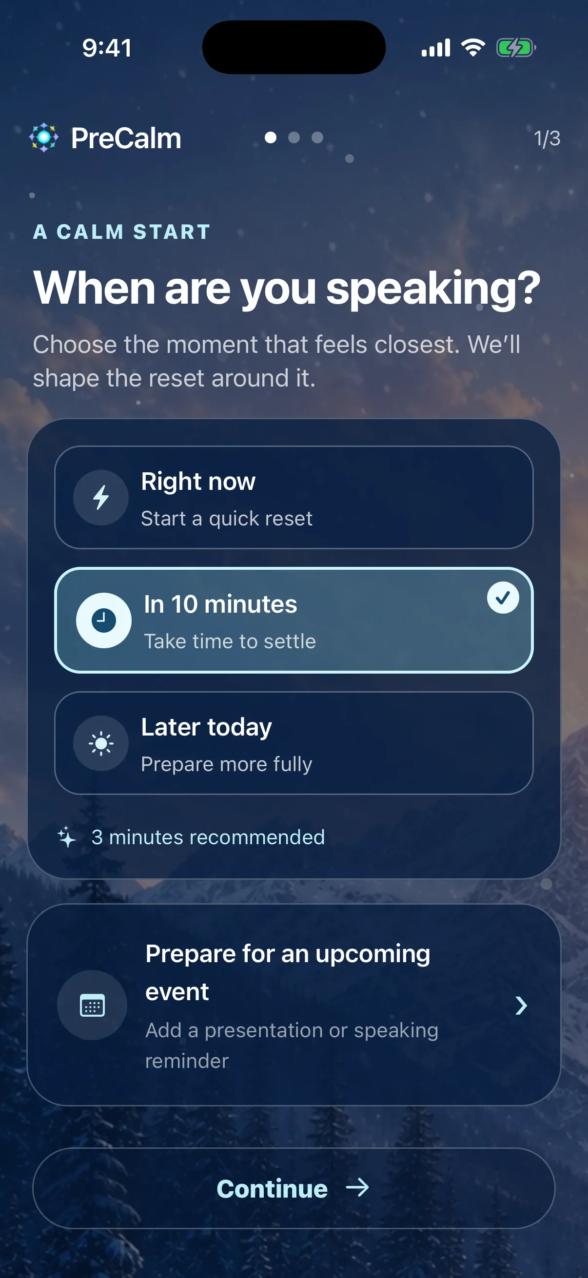 Personalized preparation asking when the user will speak, with choices for right now, in ten minutes, or later today.