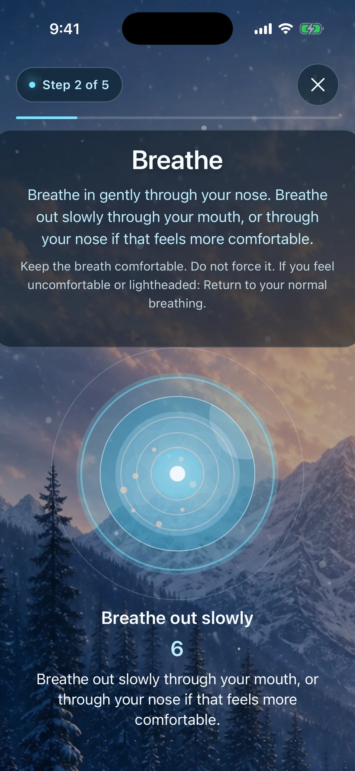 An active PreCalm routine with a breathing orb, phase guidance, step progress, and a countdown.